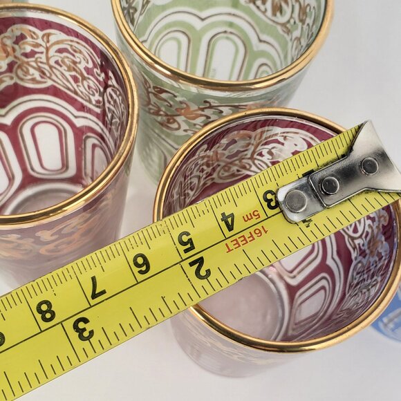 Set of 6 Vintage Moroccan Tea Glasses – Red, Green & Blue with Gold Gilding - Picture 6 of 11